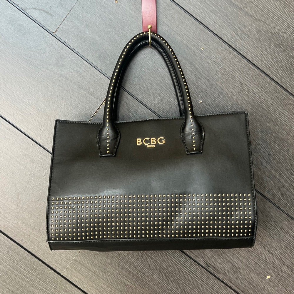 BCBG Paris‎ Women's Studded Tote Handbag Black Gold Faux Leather Large Edgy Glam